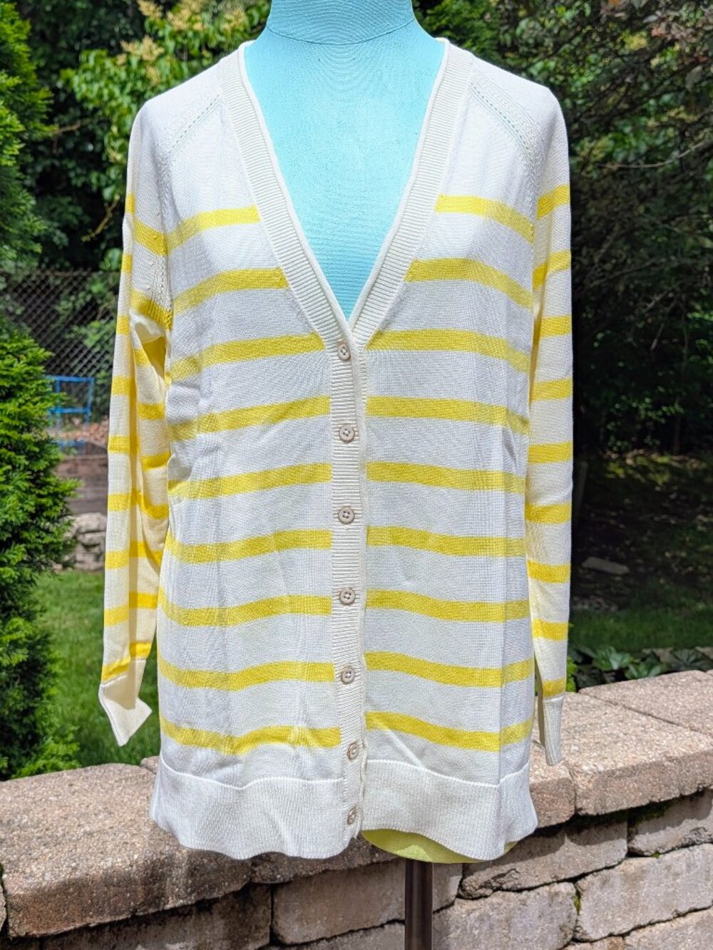 Talbots - V Neck white & Yellow Stripe Long Cardigan - LP - NWT